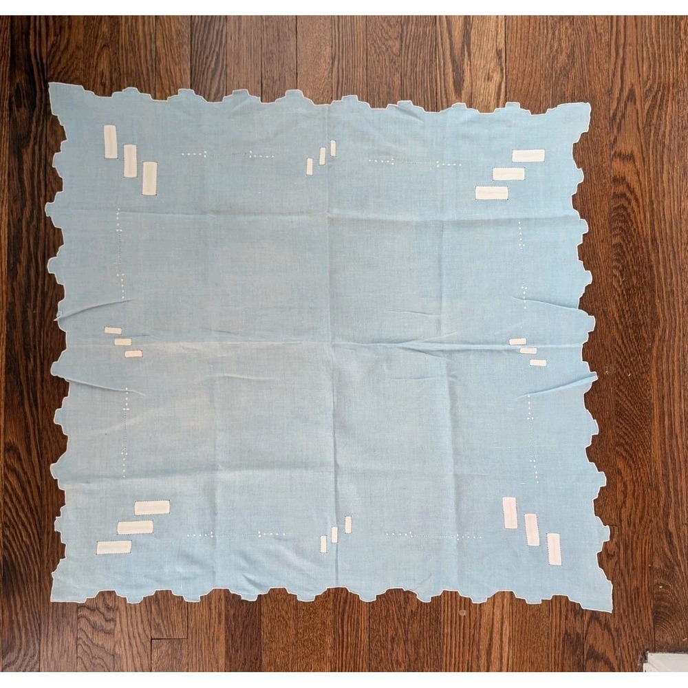 Vtg MCM Small Light Blue White Accent Tablecloth Linen Square 35x35"‎ Geometric